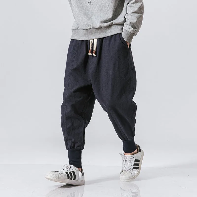Men's Chinese style harem pants in black, linen blend fabric, loose fit ankle length, casual summer streetwear