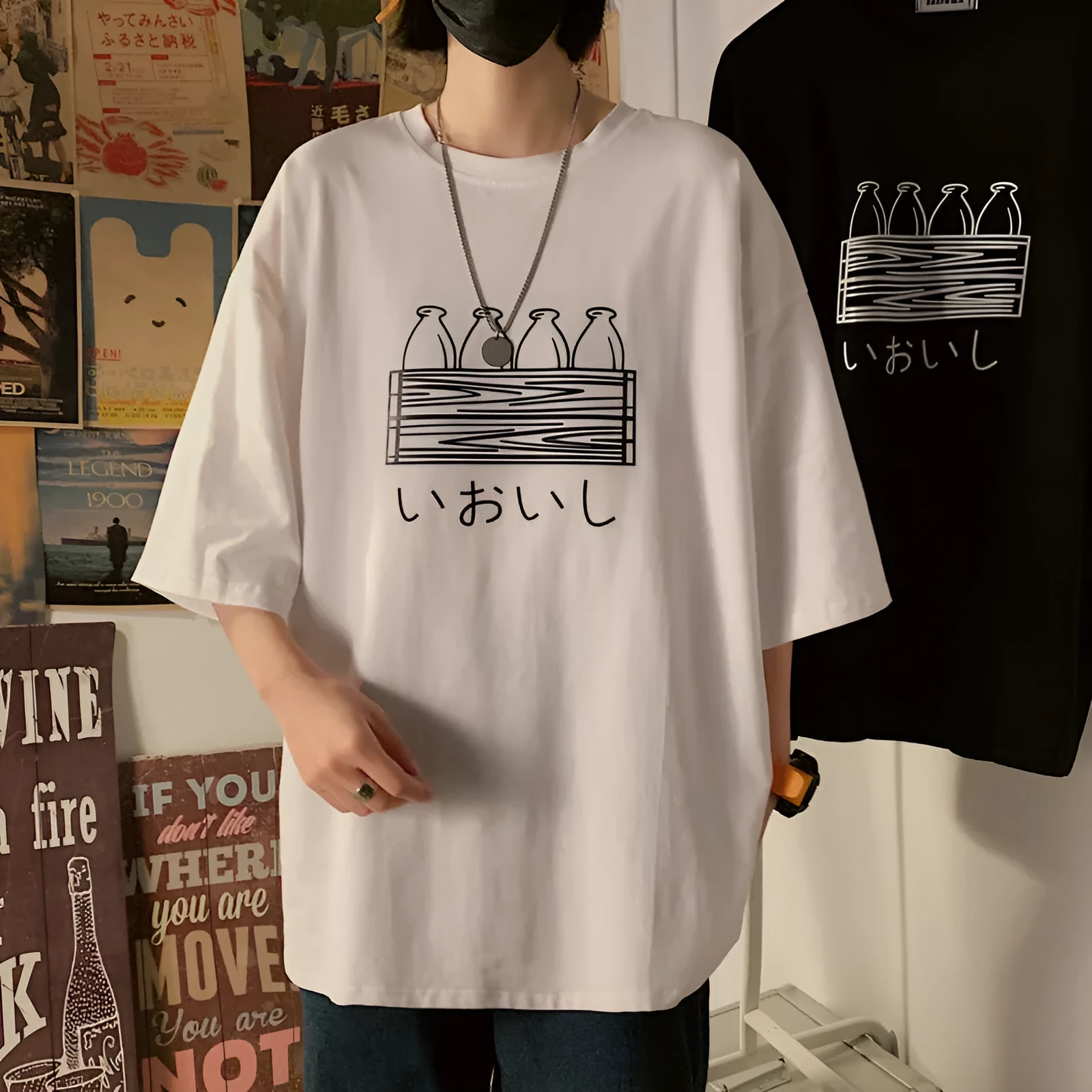 Printed Hong Kong style loose fit short sleeve t-shirt in black, front view