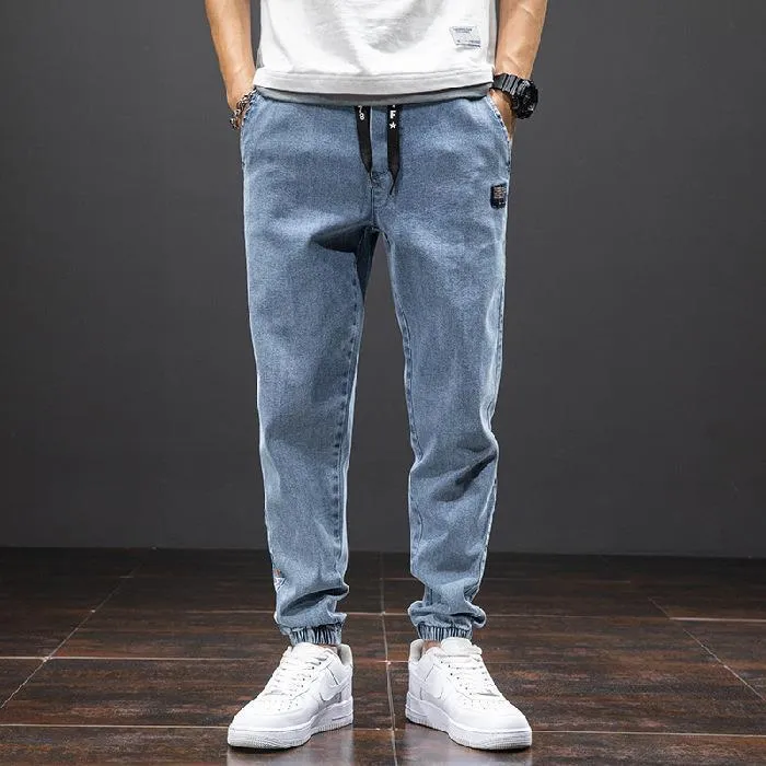 Men's casual loose stretch cotton jeans in black, available in sizes M to 8XL for relaxed daily wear