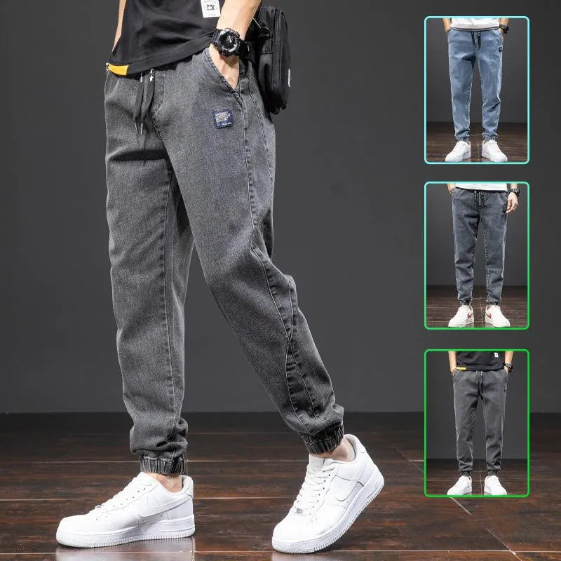 Men's casual loose stretch cotton jeans in black, available in sizes M to 8XL for relaxed daily wear