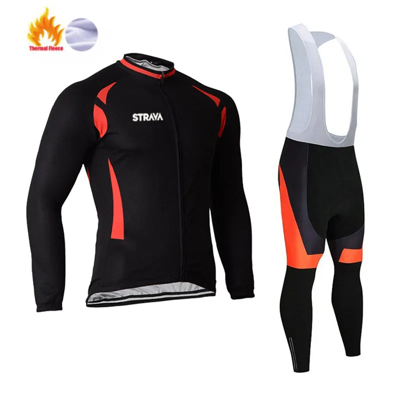 XINTOWN STRAVA Pro Team winter cycling clothing set in black, long sleeve polyester top and trousers for men