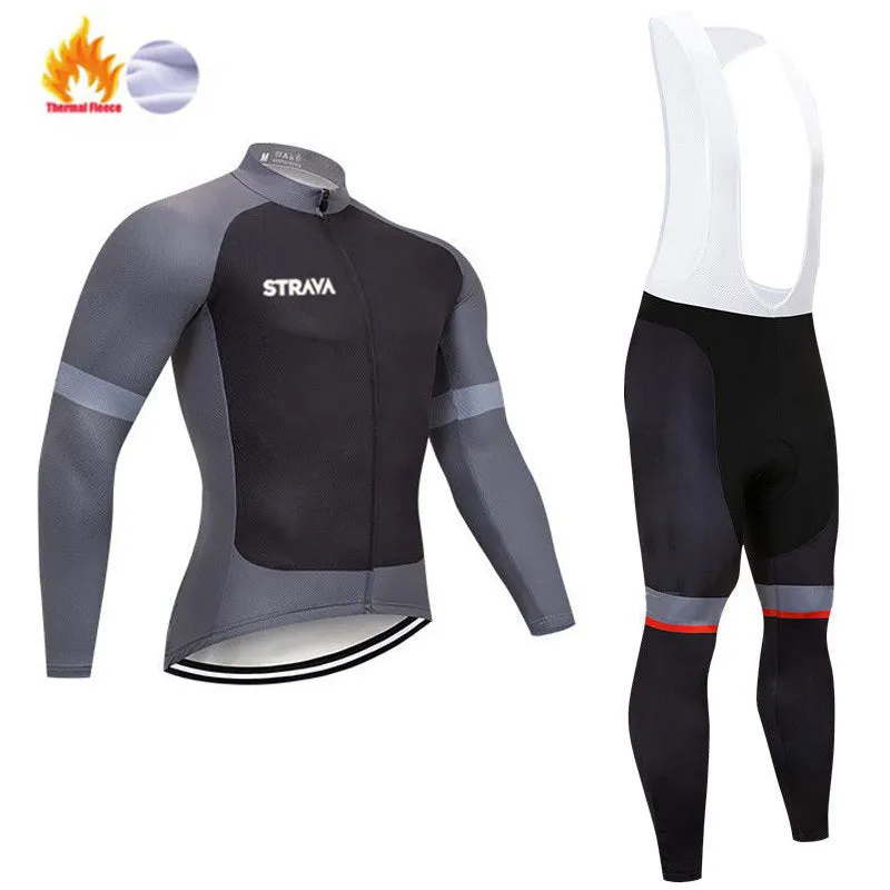 XINTOWN STRAVA Pro Team winter cycling clothing set in black, long sleeve polyester top and trousers for men