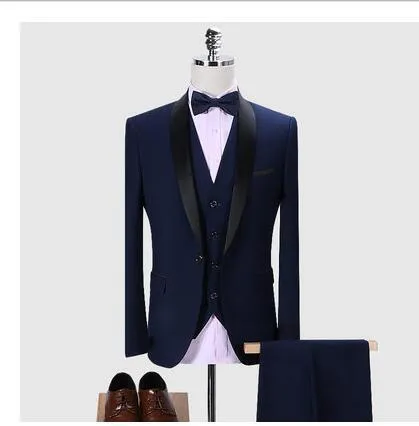 Men's slim-fit three-piece cotton blend suit set with notch lapel in multiple colours for formal or casual wear
