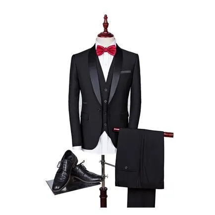 Men's slim-fit three-piece cotton blend suit set with notch lapel in multiple colours for formal or casual wear
