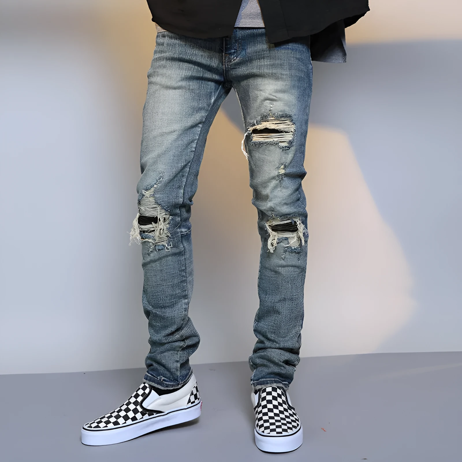 Mens Ripped Washed Blue Denim Jeans regular fit cotton denim middle waist zipper fly