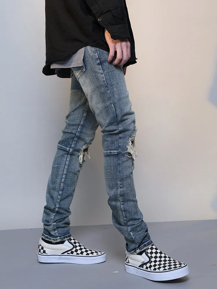 Mens Ripped Washed Blue Denim Jeans regular fit cotton denim middle waist zipper fly