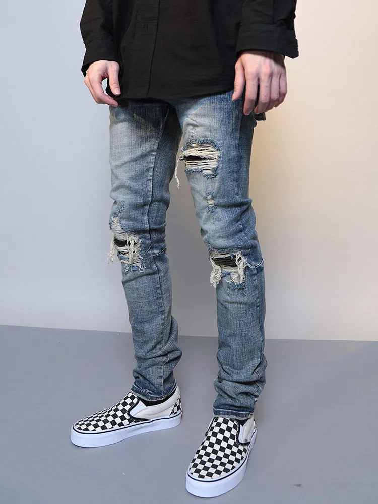 Mens Ripped Washed Blue Denim Jeans regular fit cotton denim middle waist zipper fly
