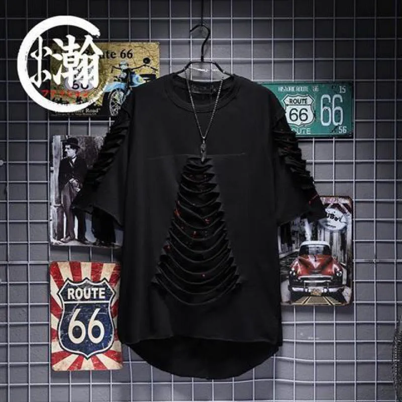 Men's loose fit hip hop polyester printed short sleeve t-shirt with graffiti design in black and white
