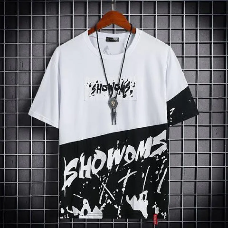 Men's loose fit hip hop polyester printed short sleeve t-shirt with graffiti design in black and white