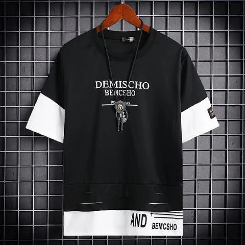 Men's loose fit hip hop polyester printed short sleeve t-shirt with graffiti design in black and white