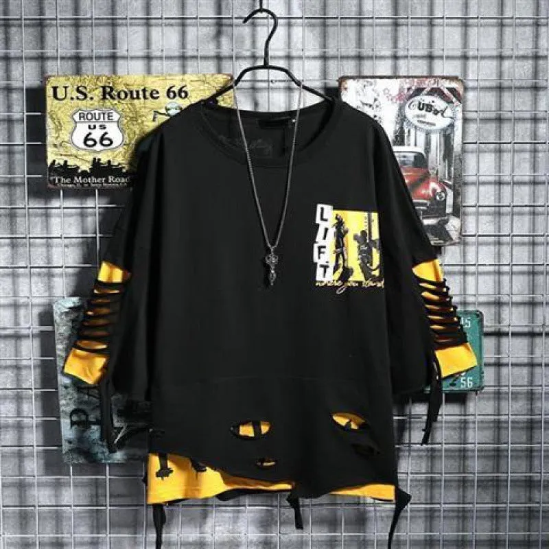 Men's loose fit hip hop polyester printed short sleeve t-shirt with graffiti design in black and white