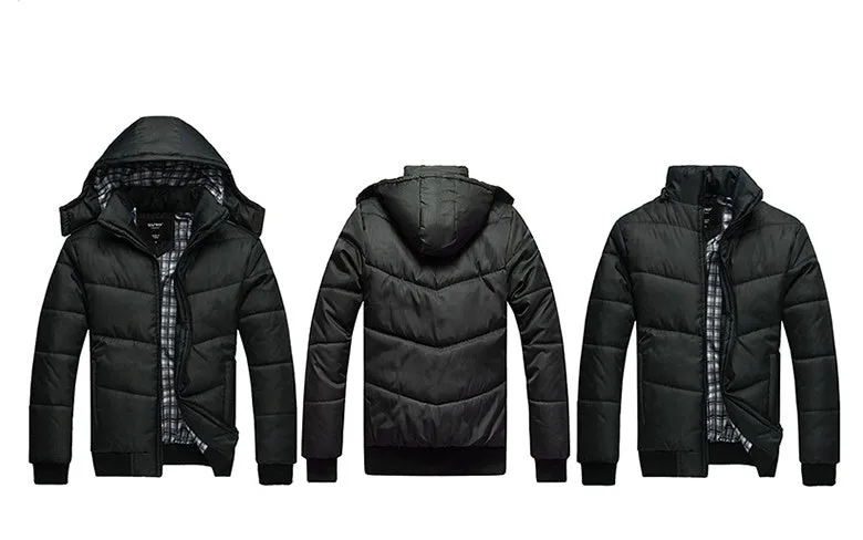 Men's winter parka coat in black with detachable hood, loose heavyweight fit, shown from front