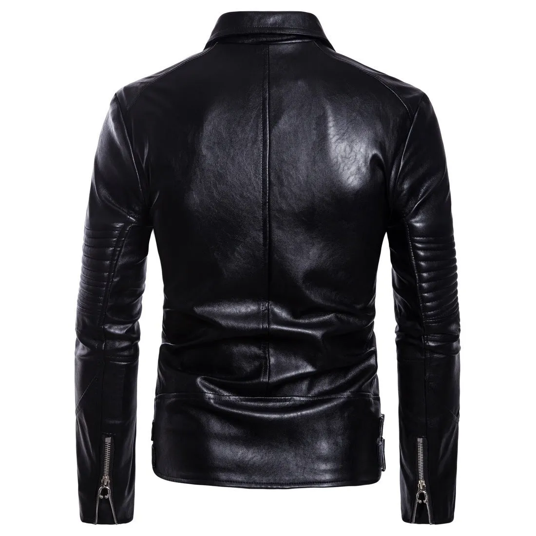 Men's black sheepskin leather jacket with suit collar and zip front, fit cut, not hooded