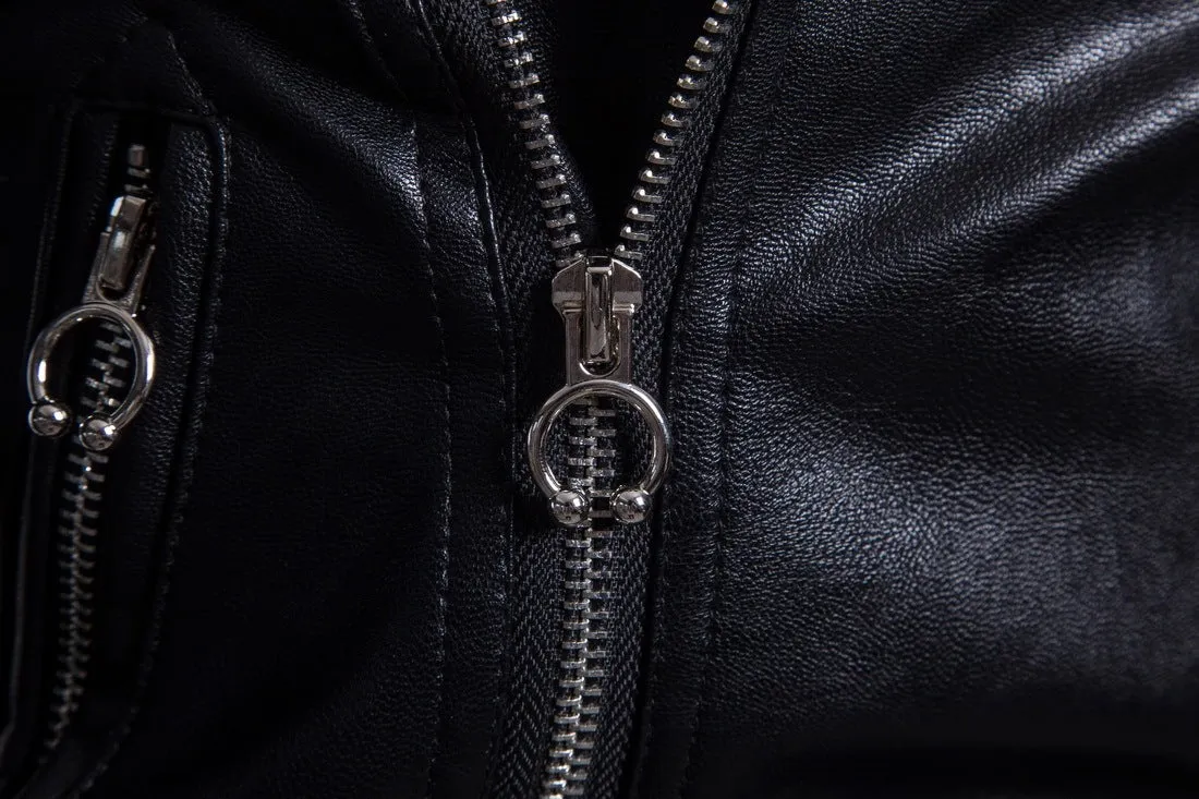 Men's black sheepskin leather jacket with suit collar and zip front, fit cut, not hooded