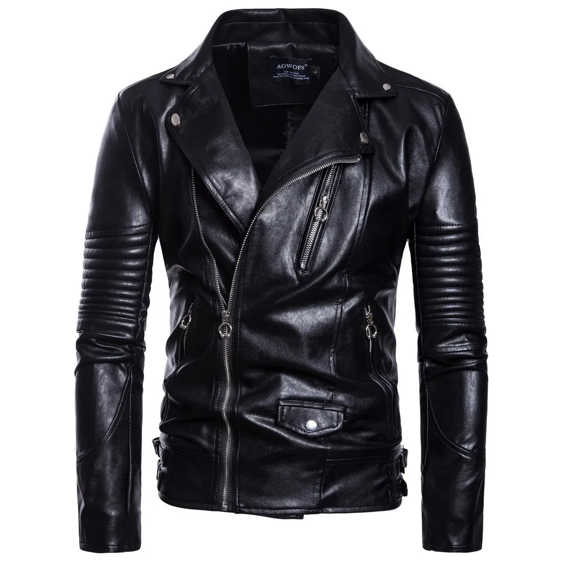 Men's black sheepskin leather jacket with suit collar and zip front, fit cut, not hooded