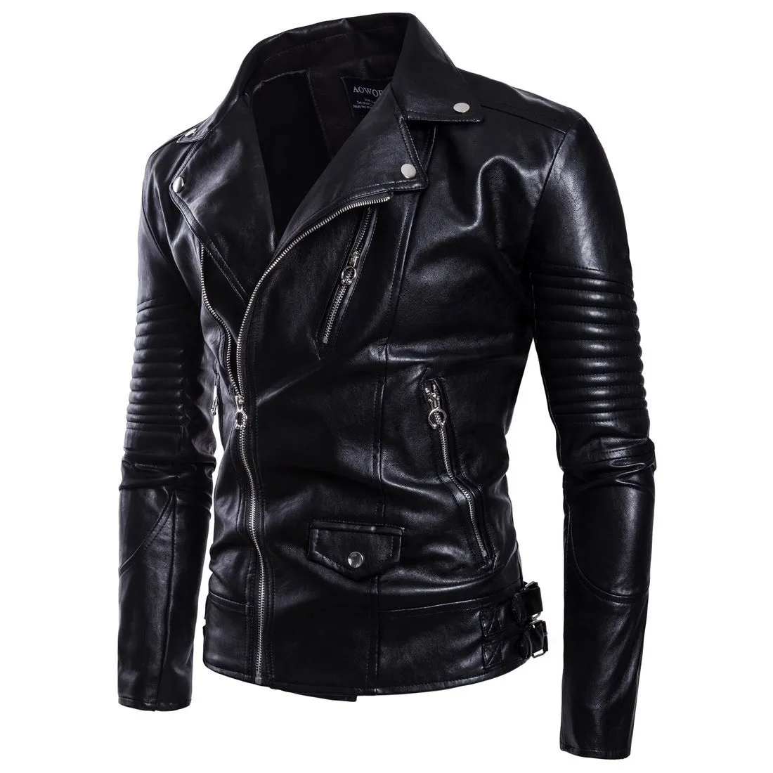 Men's black sheepskin leather jacket with suit collar and zip front, fit cut, not hooded
