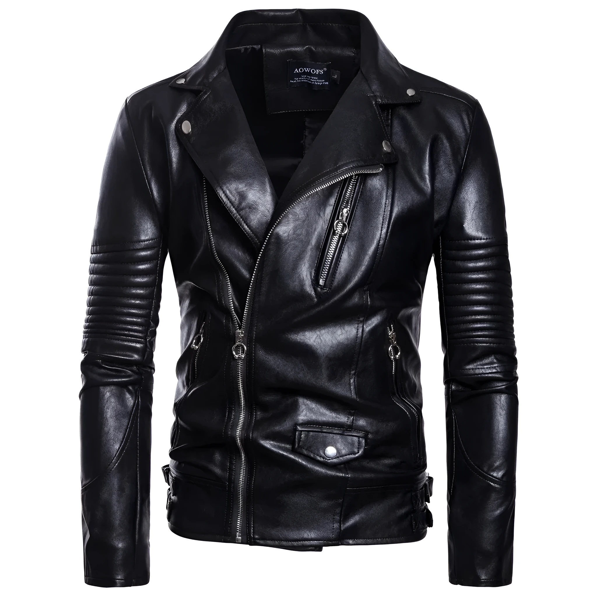 Men's black sheepskin leather jacket with suit collar and zip front, fit cut, not hooded