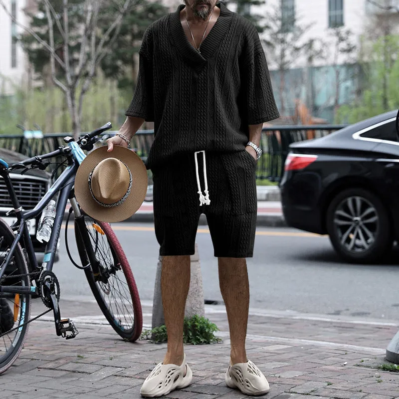 Men's casual jacquard suit set with V-neck short-sleeved T-shirt and drawstring pocket shorts in khaki