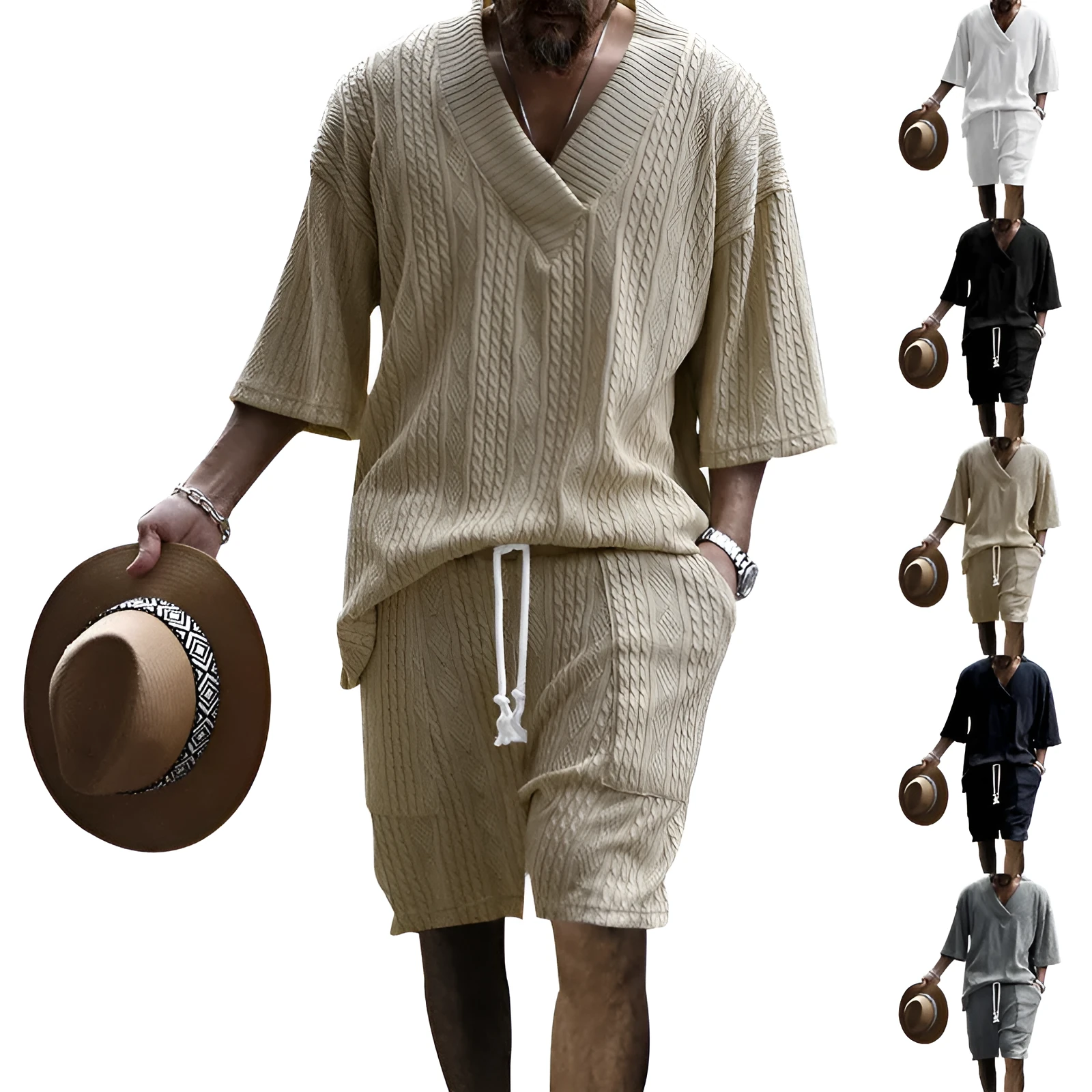 Men's casual jacquard suit set with V-neck short-sleeved T-shirt and drawstring pocket shorts in khaki