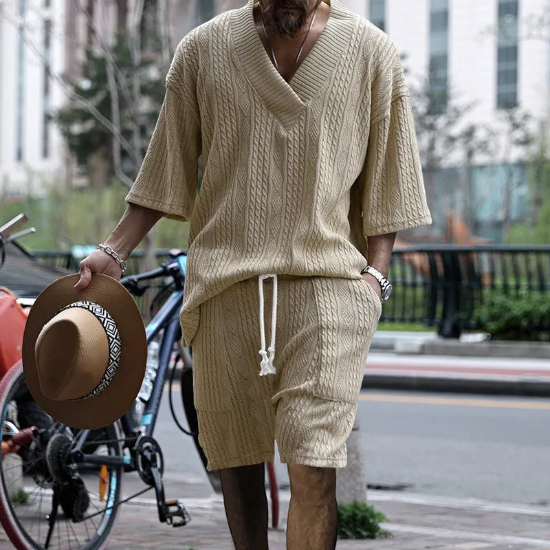 Men's casual jacquard suit set with V-neck short-sleeved T-shirt and drawstring pocket shorts in khaki