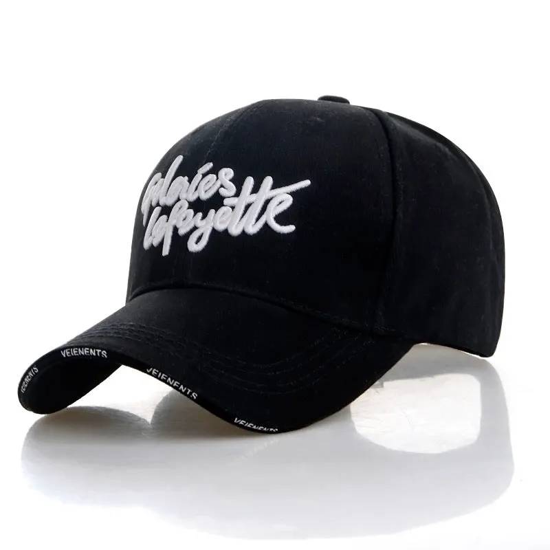 Unisex cotton alphabet baseball cap in black with adjustable back strap