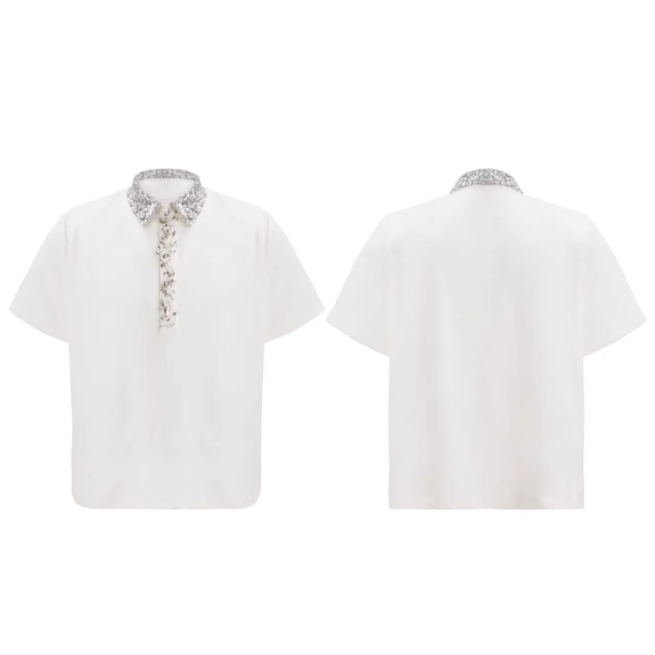 Men's black square collar polo shirt with embroidery sequin detailing on front