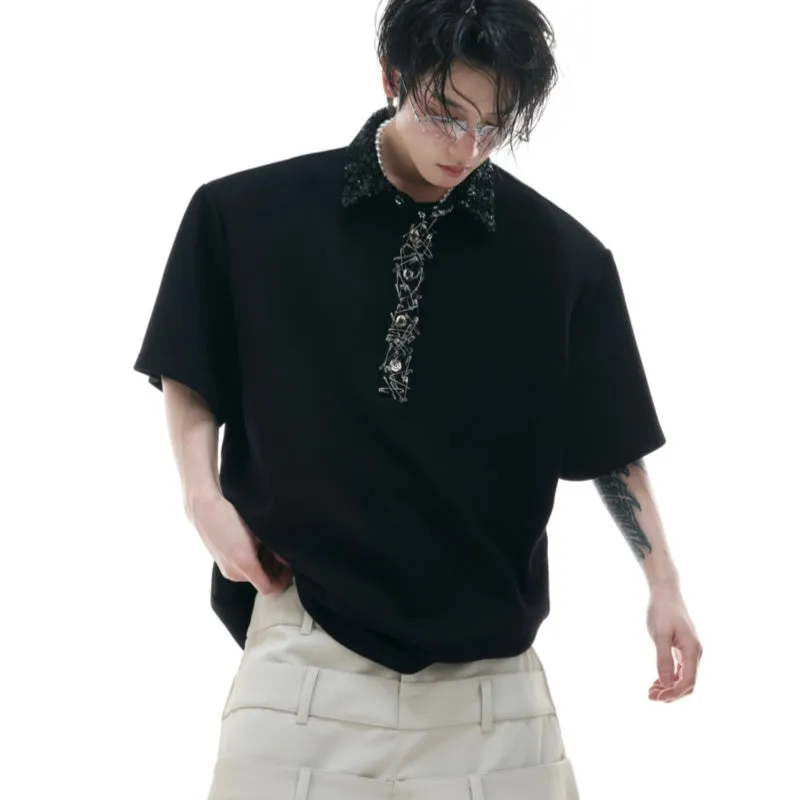 Men's black square collar polo shirt with embroidery sequin detailing on front