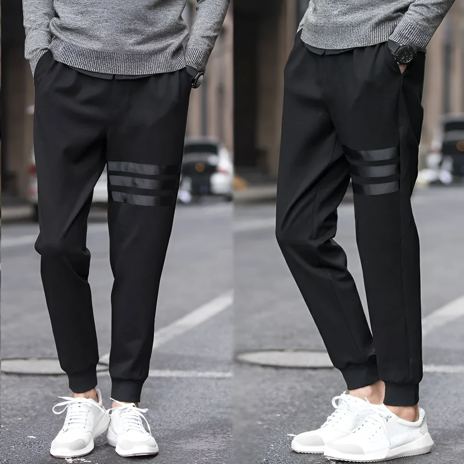 Men's casual slim sweatpants in black with elastic waistband and drawstring, side pockets, tapered leg, polyester fibre fabric