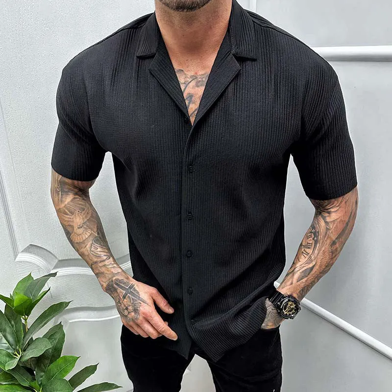 Men's cardigan solid colour short sleeve shirt in cotton blend, available in black