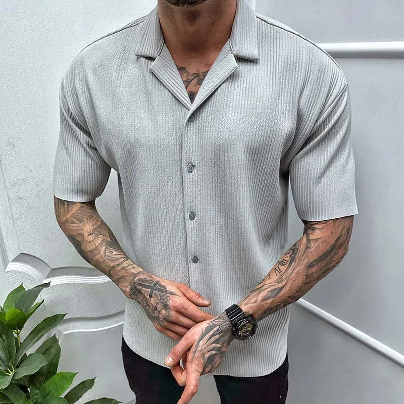 Men's cardigan solid colour short sleeve shirt in cotton blend, available in black