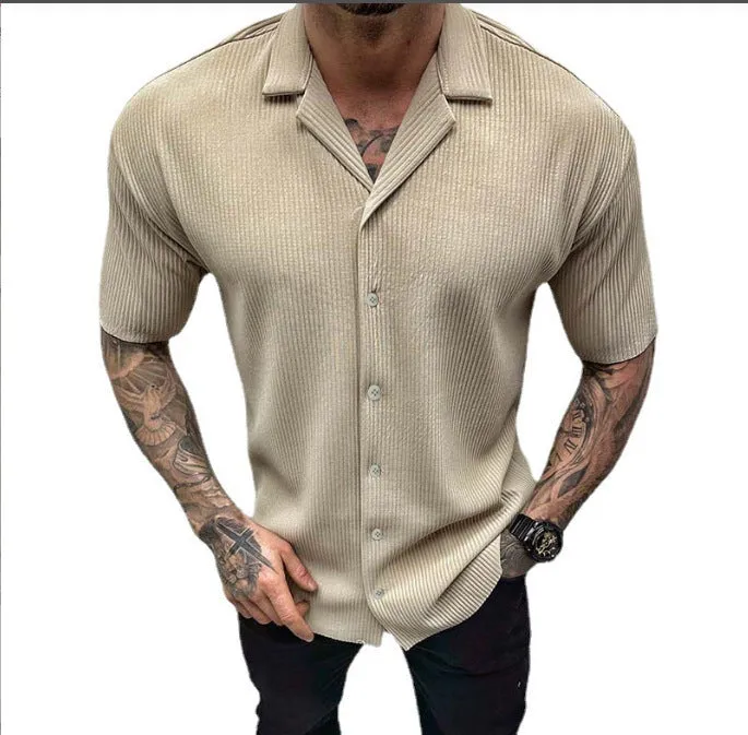 Men's cardigan solid colour short sleeve shirt in cotton blend, available in black