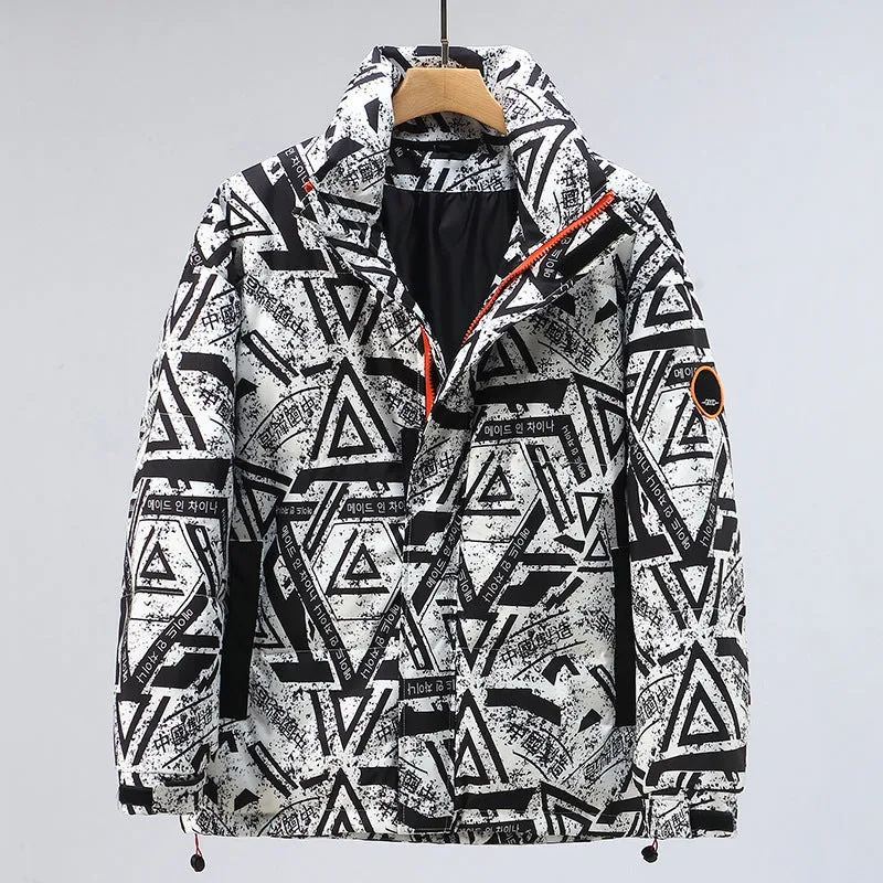Men's winter thickening down jacket with white duck down filler in camouflage pattern, black colour