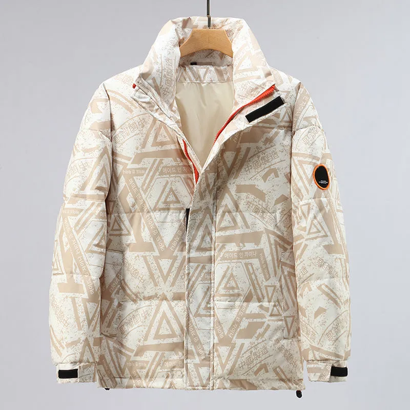 Men's winter thickening down jacket with white duck down filler in camouflage pattern, black colour