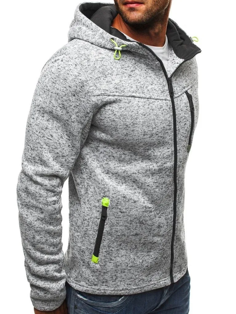 Men's grey casual full-zip hoodie with patchwork pattern and O-neck collar