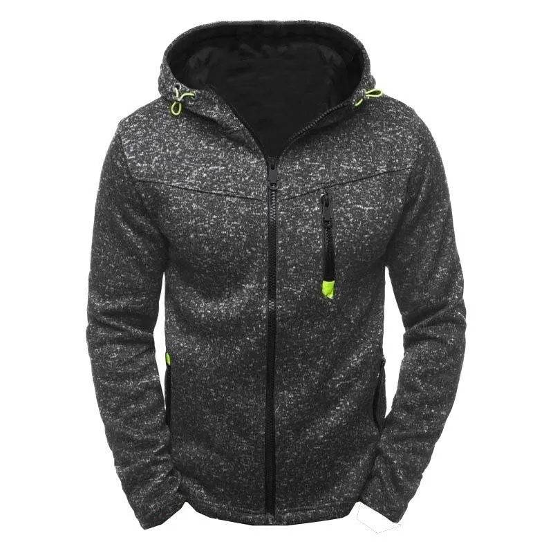Men's grey casual full-zip hoodie with patchwork pattern and O-neck collar