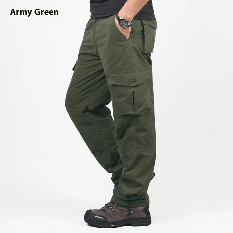 Men's thick cotton overalls with wool lining in khaki colour, showing loose fit and straight leg design.