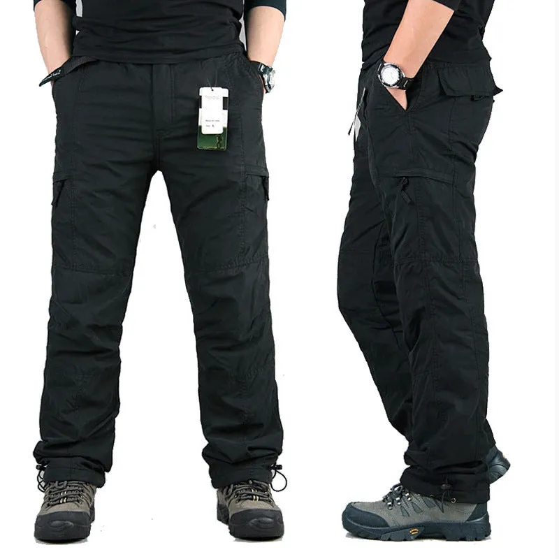 Men's thick cotton overalls with wool lining in khaki colour, showing loose fit and straight leg design.