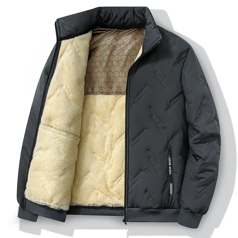 Men's graphene-design winter coat in black, shown front view, with thickened fleece and long sleeves
