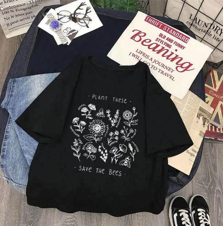 Women's casual Save The Bees t-shirt in white with cartoon print, short sleeves, 50% cotton