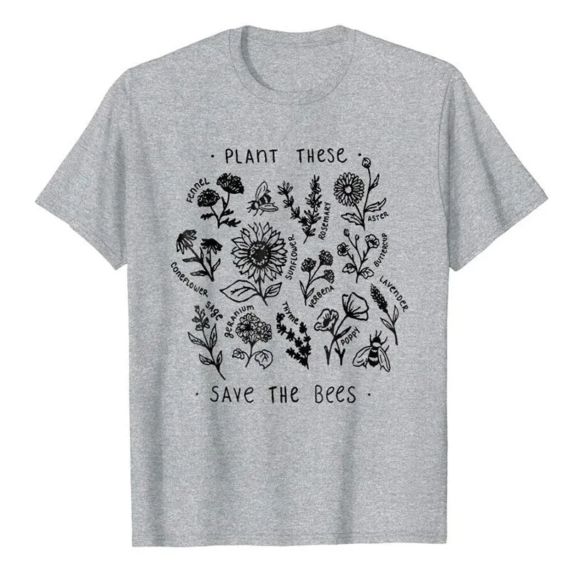 Women's casual Save The Bees t-shirt in white with cartoon print, short sleeves, 50% cotton