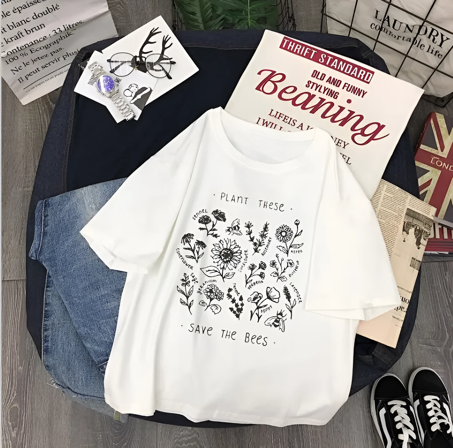 Women's casual Save The Bees t-shirt in white with cartoon print, short sleeves, 50% cotton
