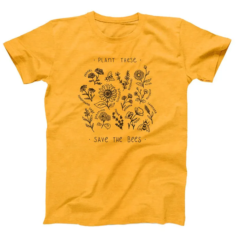 Women's casual Save The Bees t-shirt in white with cartoon print, short sleeves, 50% cotton