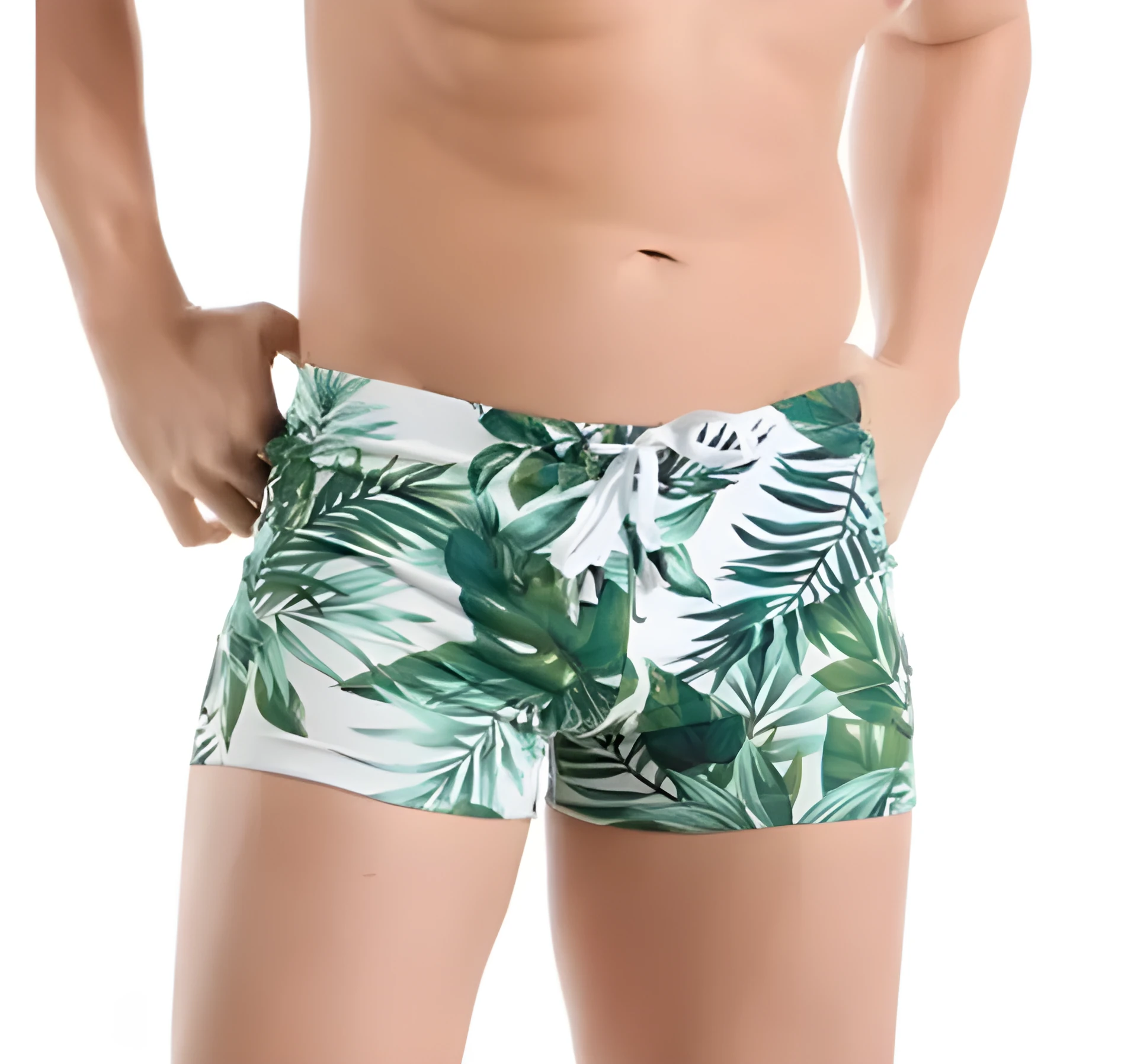 Green nylon men's boxer briefs swimwear shown flat, size L to 3XL available