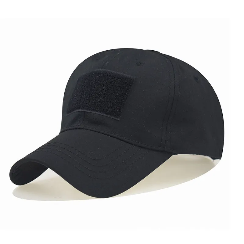 Tactical Velcro camouflage baseball cap in twill polyester with embroidery patch, adjustable 58-60cm size, available in multiple colours