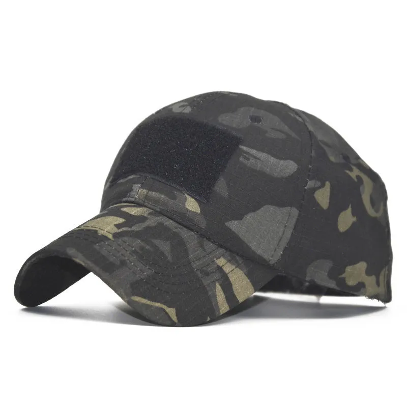 Tactical Velcro camouflage baseball cap in twill polyester with embroidery patch, adjustable 58-60cm size, available in multiple colours