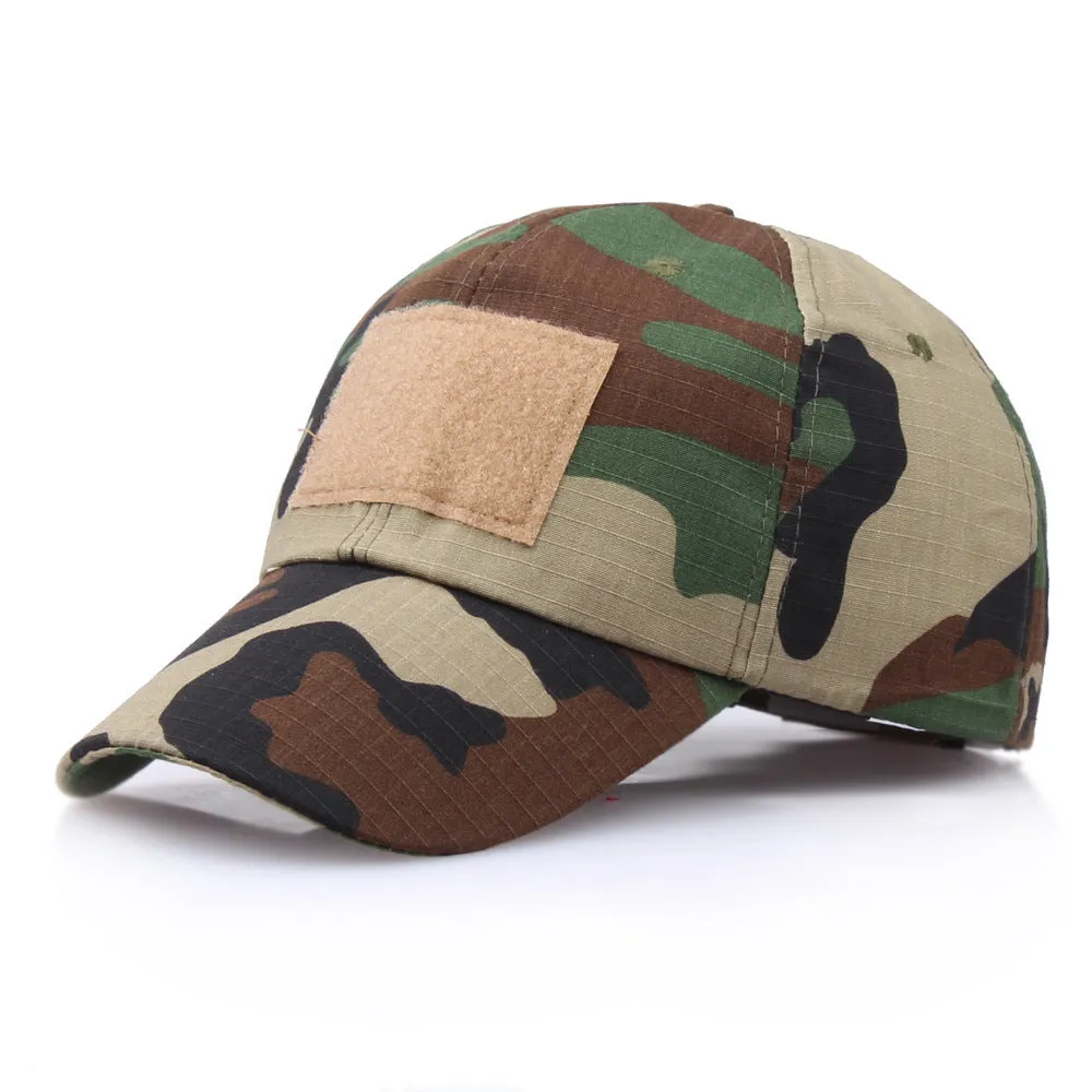 Tactical Velcro camouflage baseball cap in twill polyester with embroidery patch, adjustable 58-60cm size, available in multiple colours