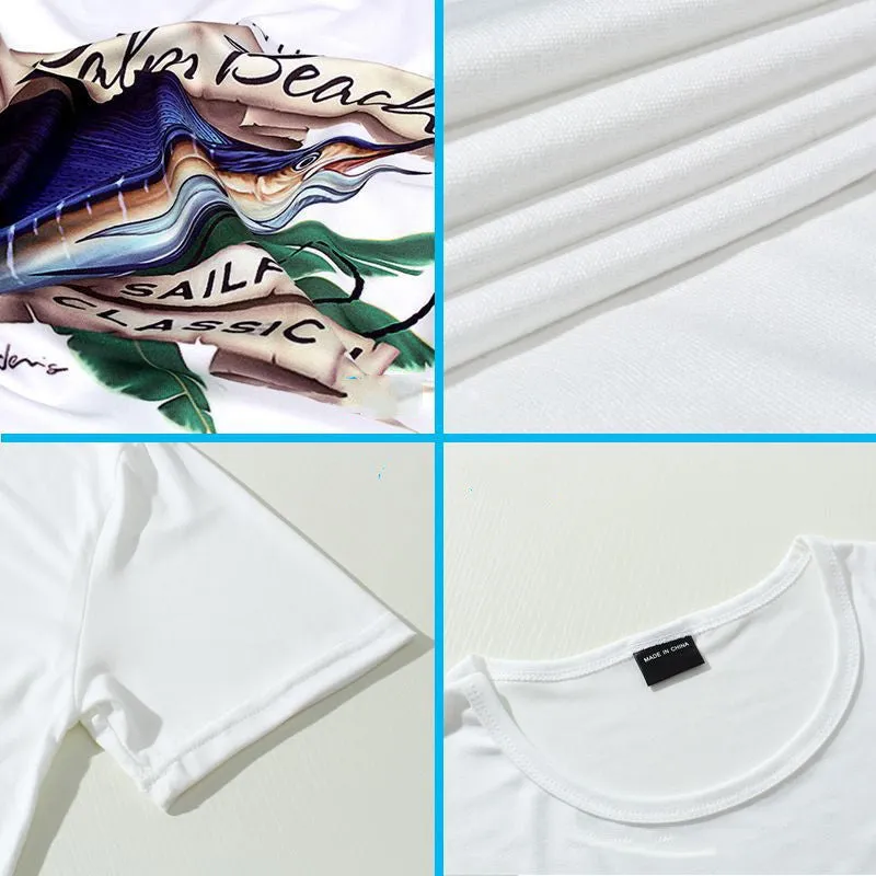 White short sleeve polyester T-shirt with forest bear and letter print for men