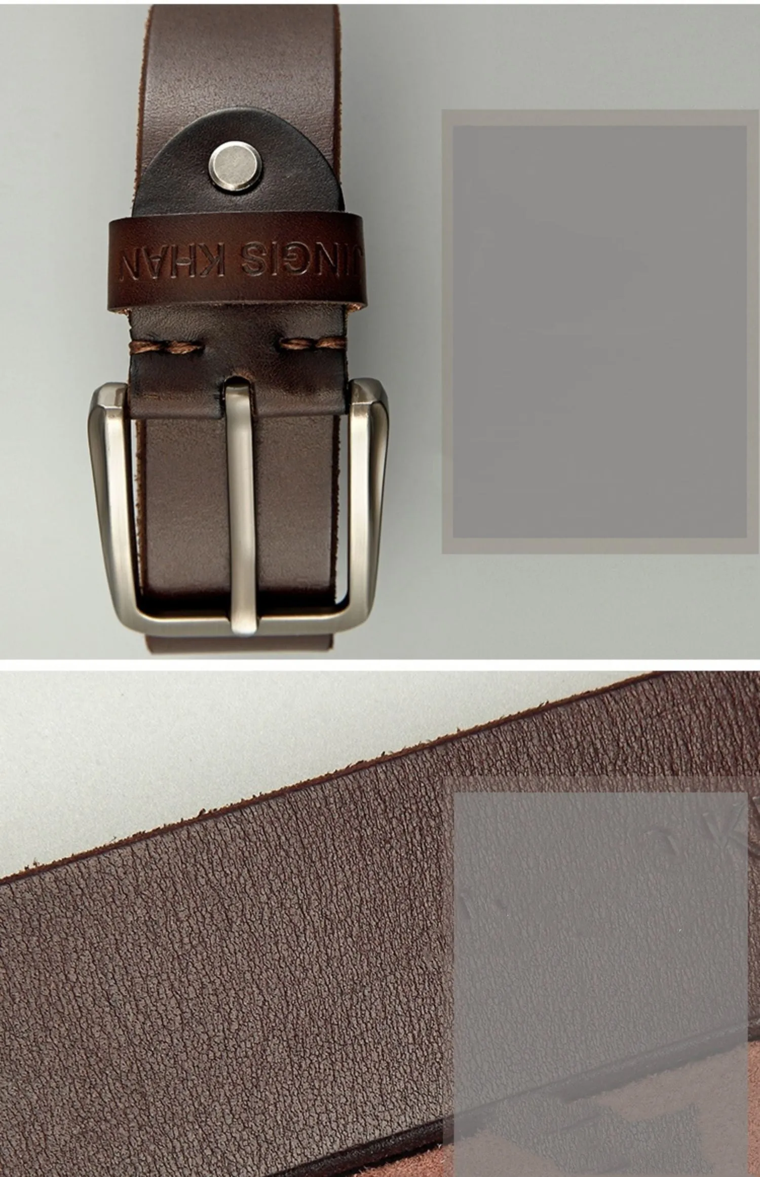 Handmade casual men's cowhide belt with needle buckle and leather decoration, black colour, on a plain background
