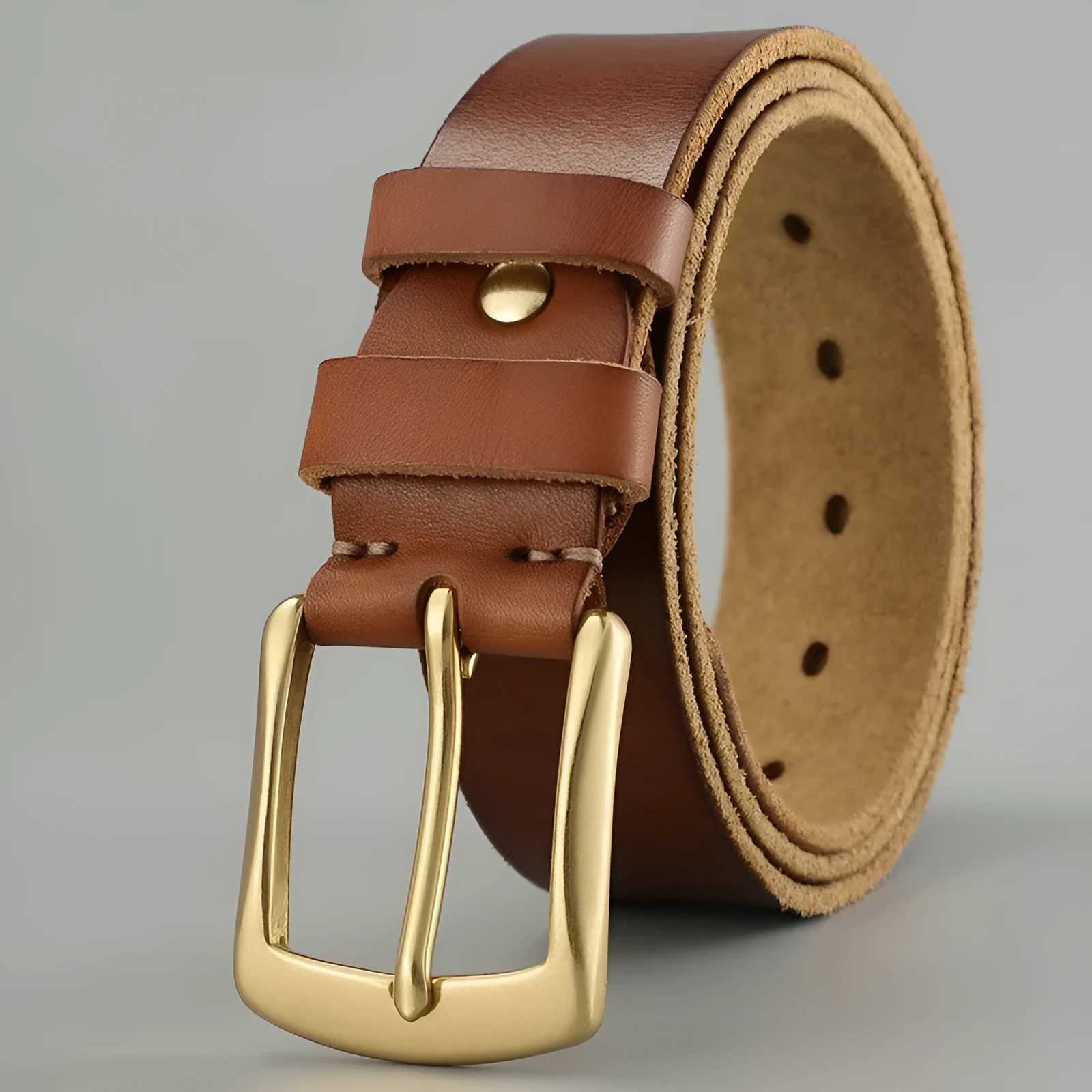 Handmade casual men's cowhide belt with needle buckle and leather decoration, black colour, on a plain background