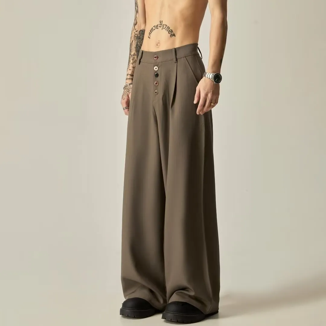 Men's solid black wide-leg casual trousers with a vertical tube design on a mid-waist.
